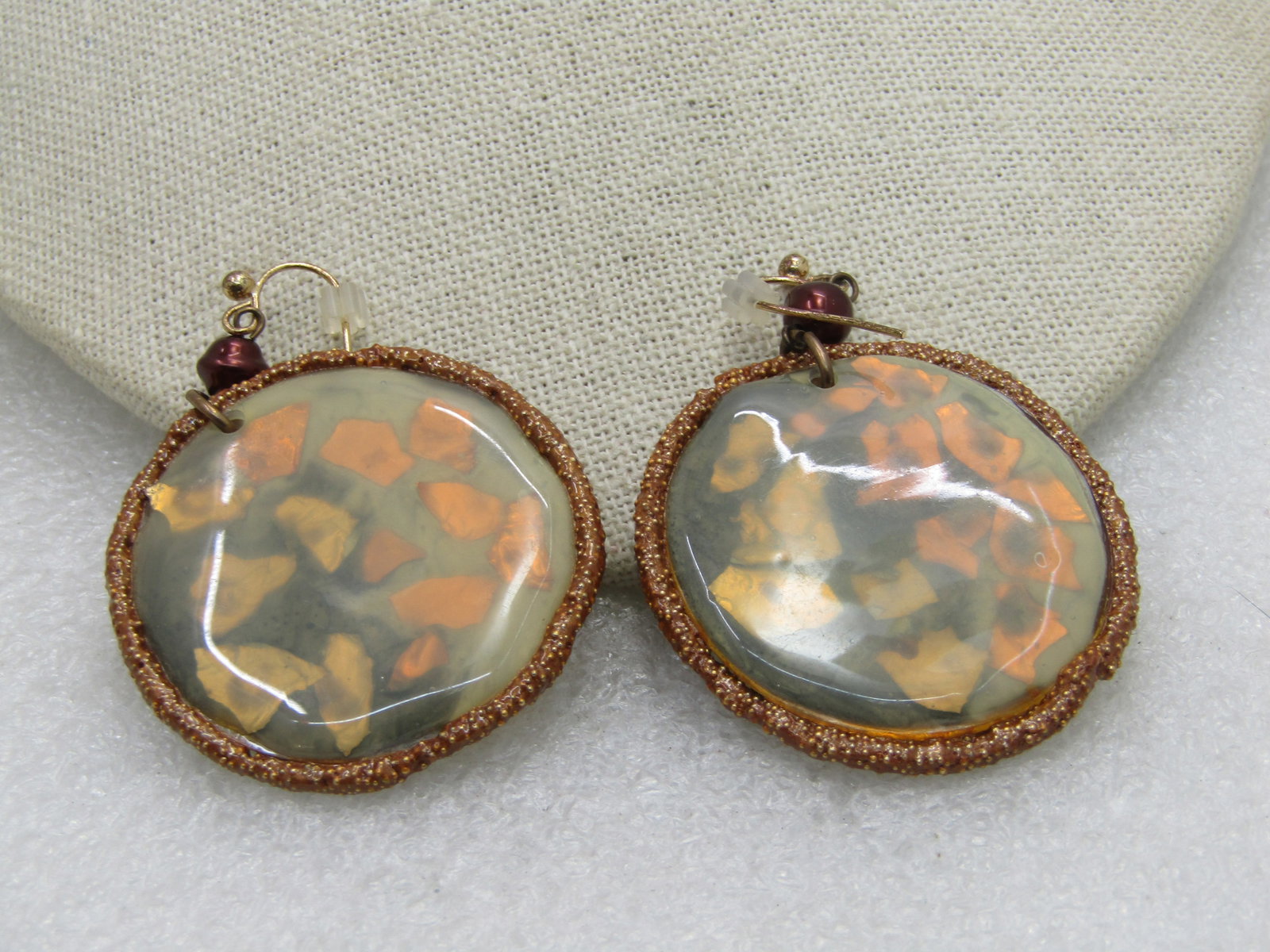 Vintage BOHO Coppery Pearl Opalish Dangle Earrings, Pierced, 2.5" - 2