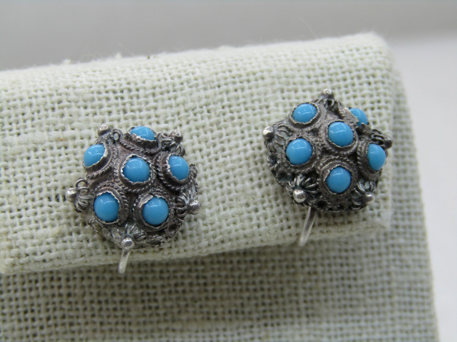 Vintage .835 Silver Turquoise Glass Earrings, Screw Back, Bali/Ethnic Themed - 2