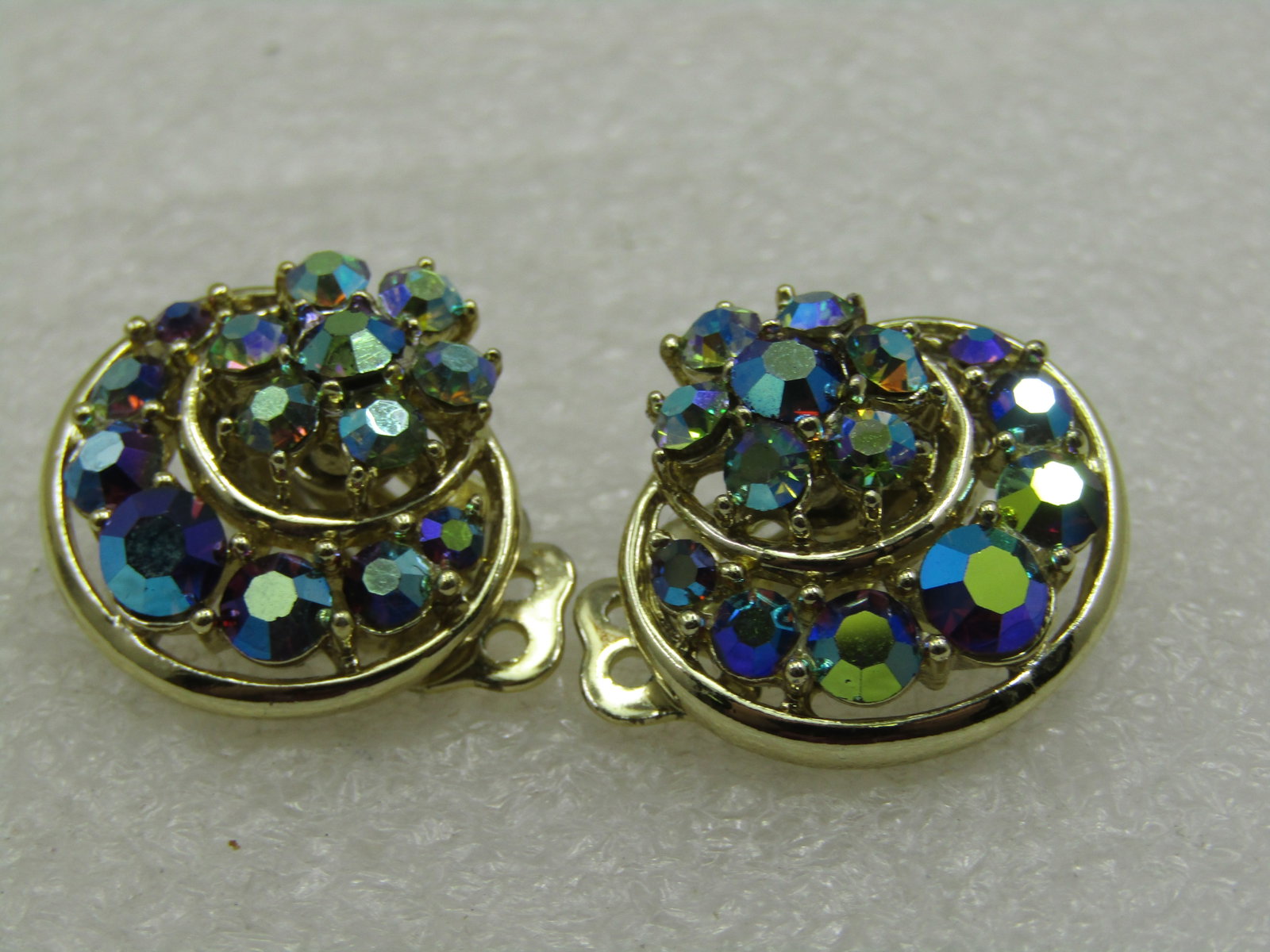 Vintage Peacock Aurora Borealis Rhinestone Clip Earrings, Mid-Century - 2