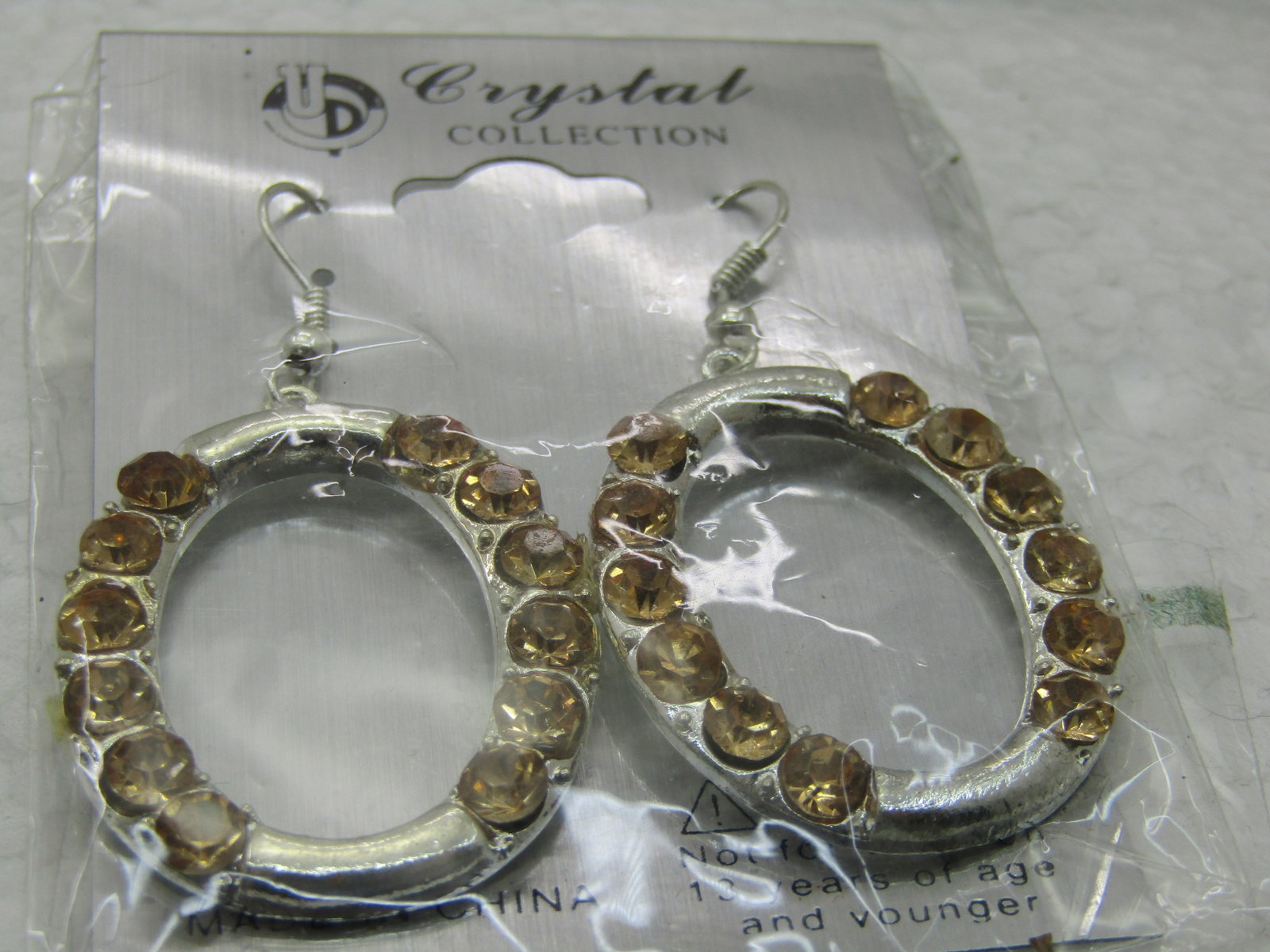 Silver Tone Golden Rhinestone Hoop Earrings, Pierced, New on Card, Crystal Collection - 2