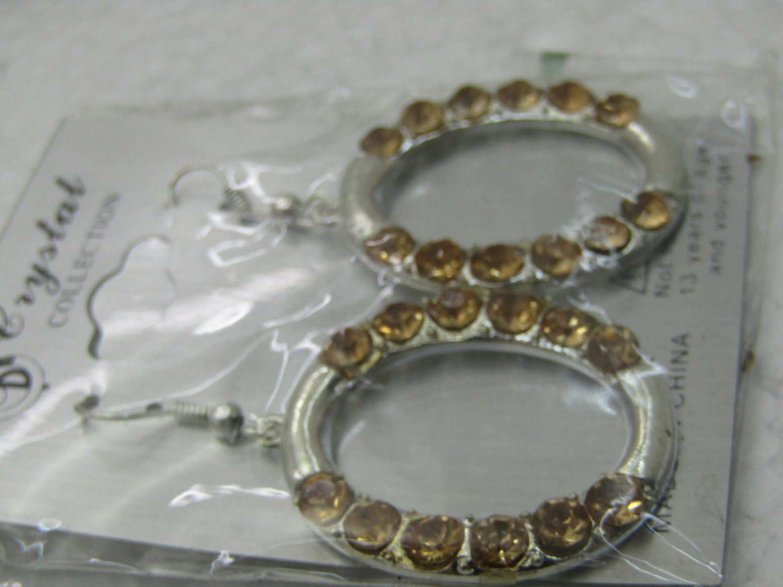 Silver Tone Golden Rhinestone Hoop Earrings, Pierced, New on Card, Crystal Collection - 3