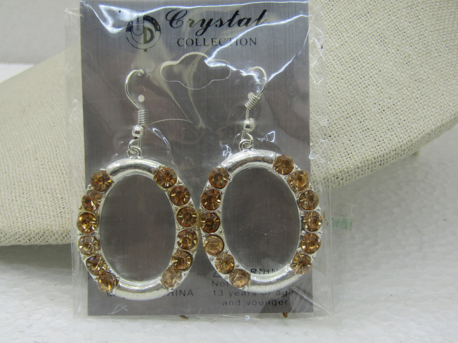 Silver Tone Golden Rhinestone Hoop Earrings, Pierced, New on Card, Crystal Collection - 4