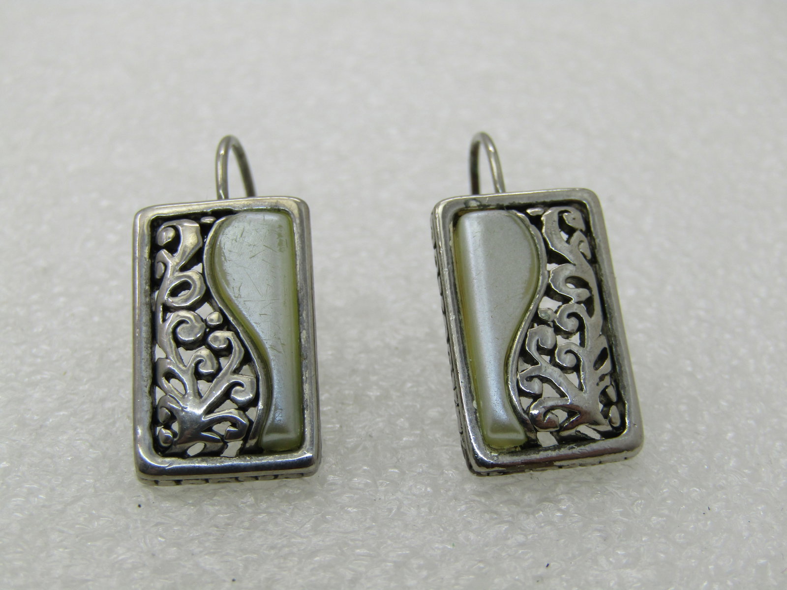 Vintage Scrolled & Pearly Earrings, Pierced, Lever Backs, 1" Rectangular - 2