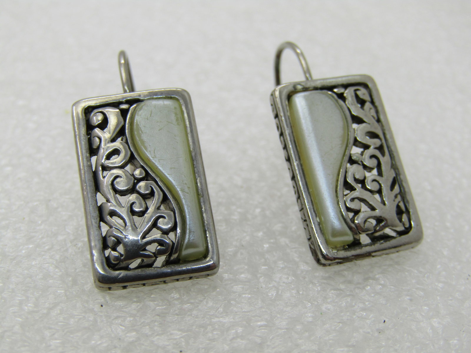 Vintage Scrolled & Pearly Earrings, Pierced, Lever Backs, 1" Rectangular - 3