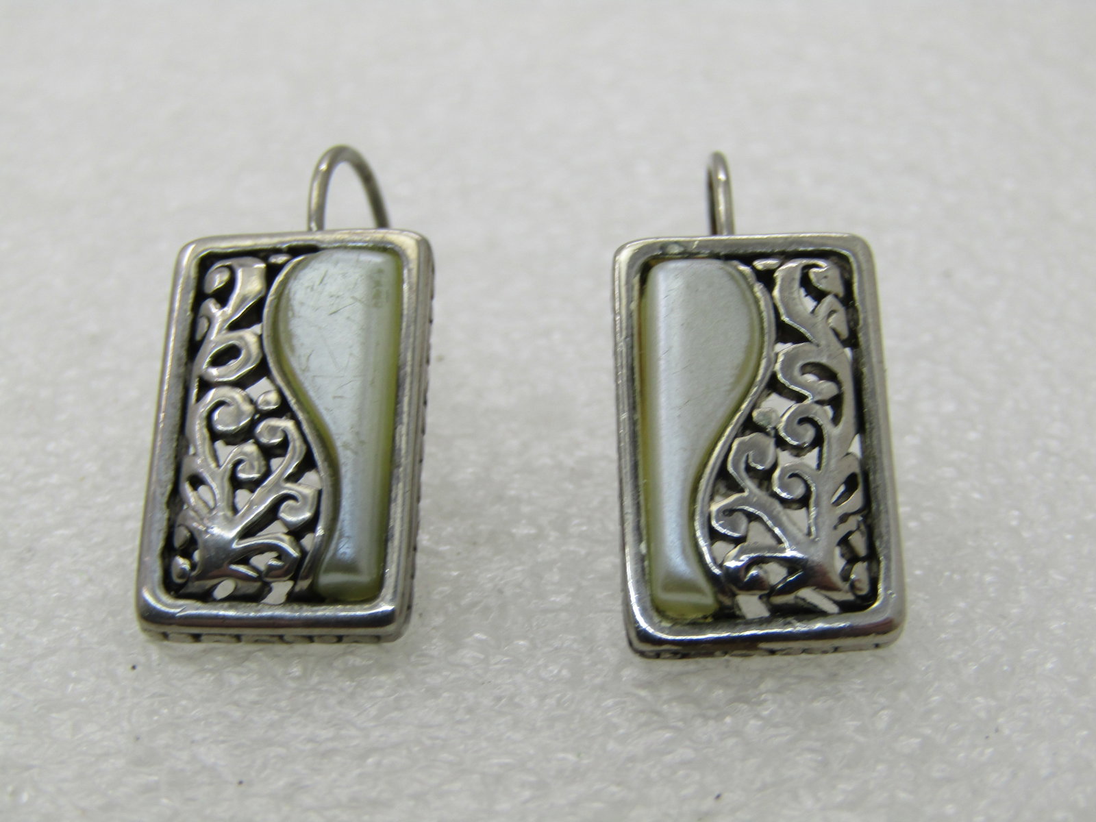 Vintage Scrolled & Pearly Earrings, Pierced, Lever Backs, 1" Rectangular - 4