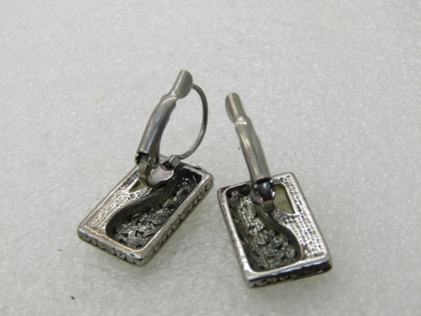 Vintage Scrolled & Pearly Earrings, Pierced, Lever Backs, 1" Rectangular - 5