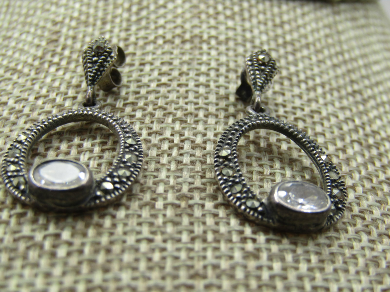 Vintage Sterling Marcasite Drop Hoop Earrings, Signed CW - 3