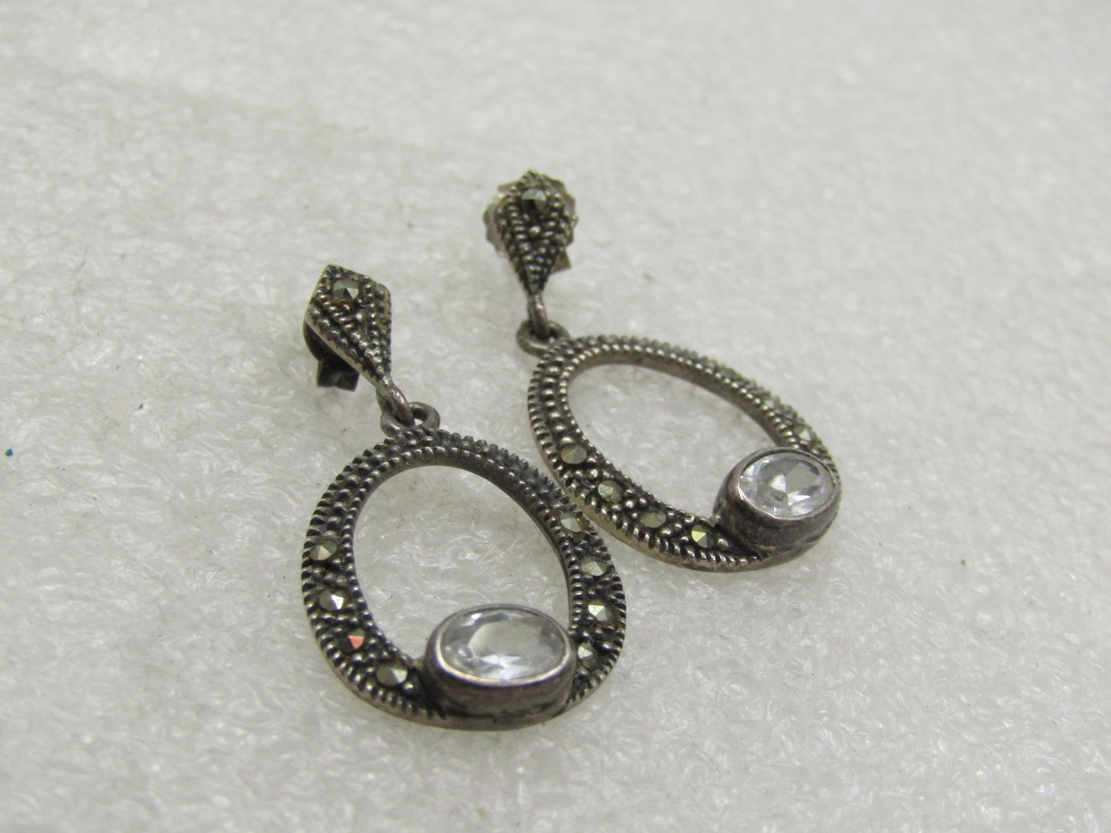 Vintage Sterling Marcasite Drop Hoop Earrings, Signed CW - 5