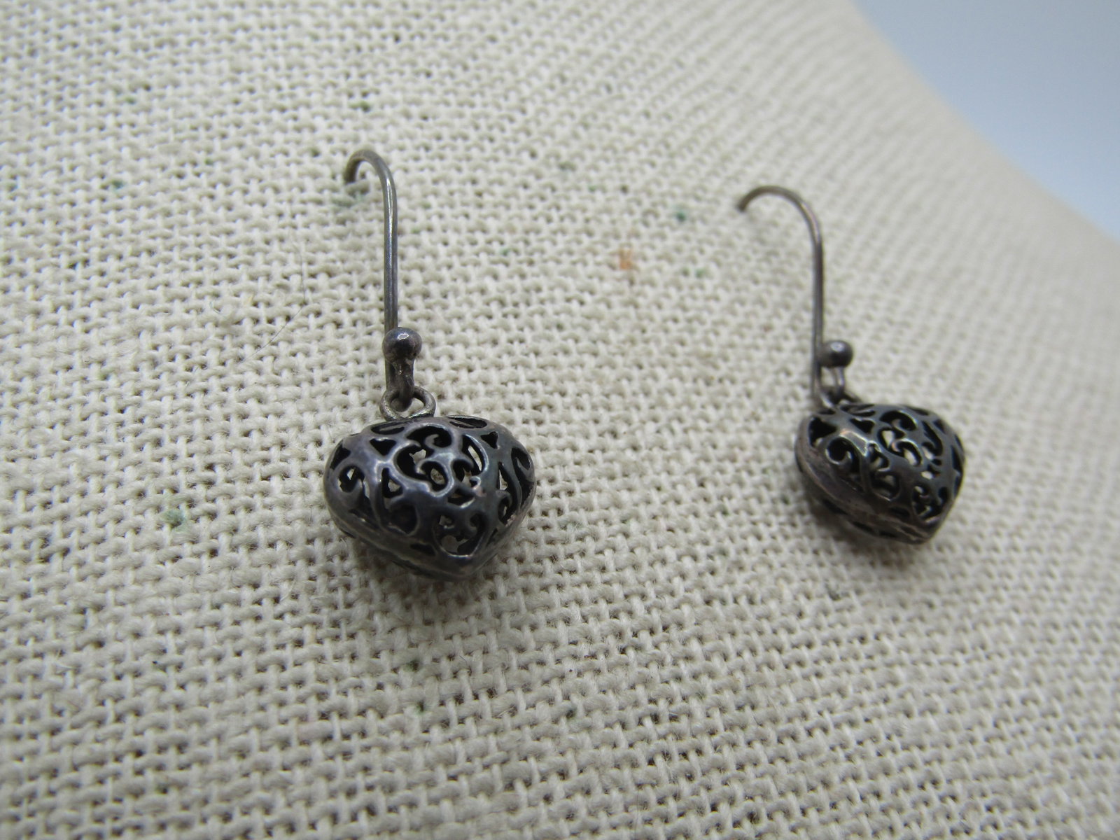 Vintage Sterling Puffy Scrolled Heart Earrings, Pierced - 2