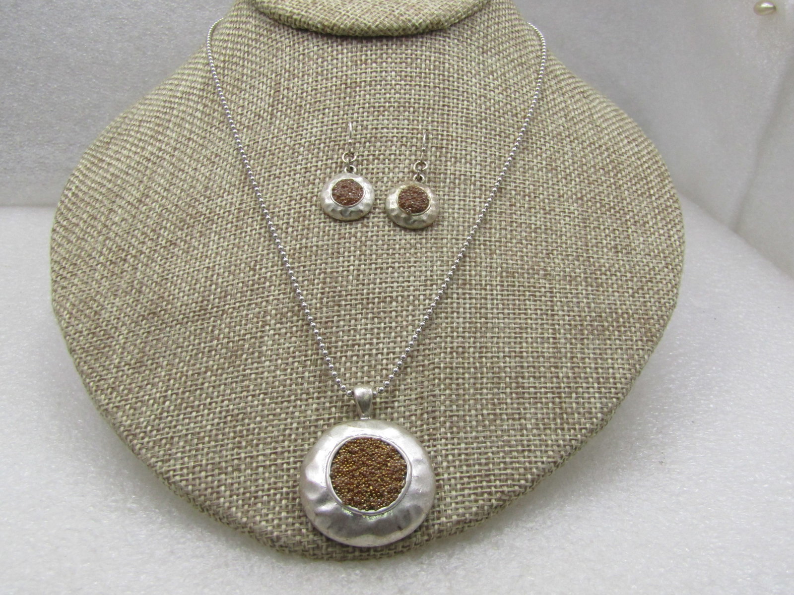 Two-Tone Hammered Necklace Earrings Set, 20", Pierced: Two-Tone Hammered Necklace Earrings Set, 20", Pierced. The necklace and earrings have a center in a gold tone fauz druzy look with beaded cluster of gold tone metal beads that simulate druzy quarts. T