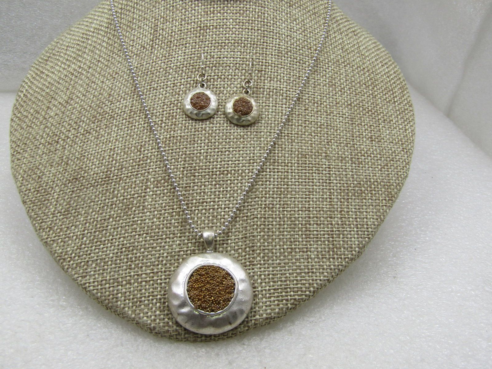 Two-Tone Hammered Necklace Earrings Set, 20", Pierced - 2