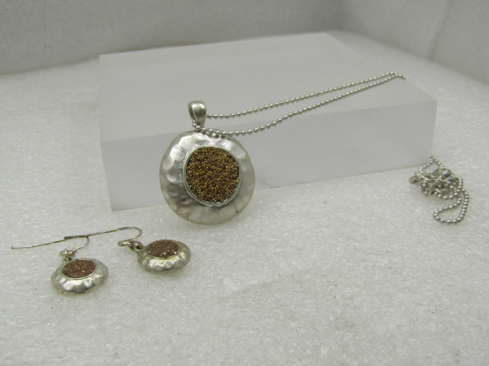 Two-Tone Hammered Necklace Earrings Set, 20", Pierced - 6