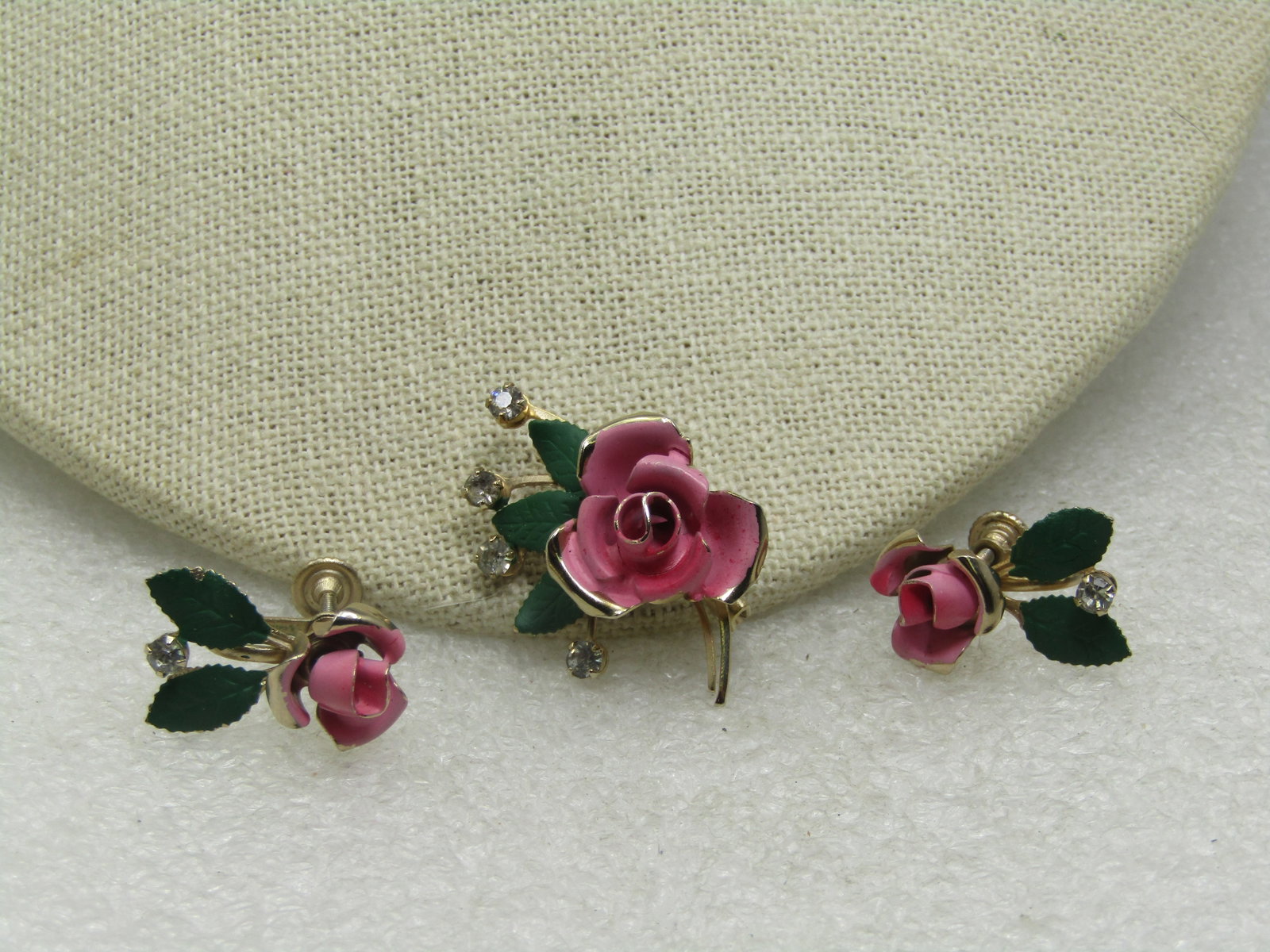 Vintage Enameled Pink Rose Brooch & Earrings Set, Screwback, 1940's-1950's - 2