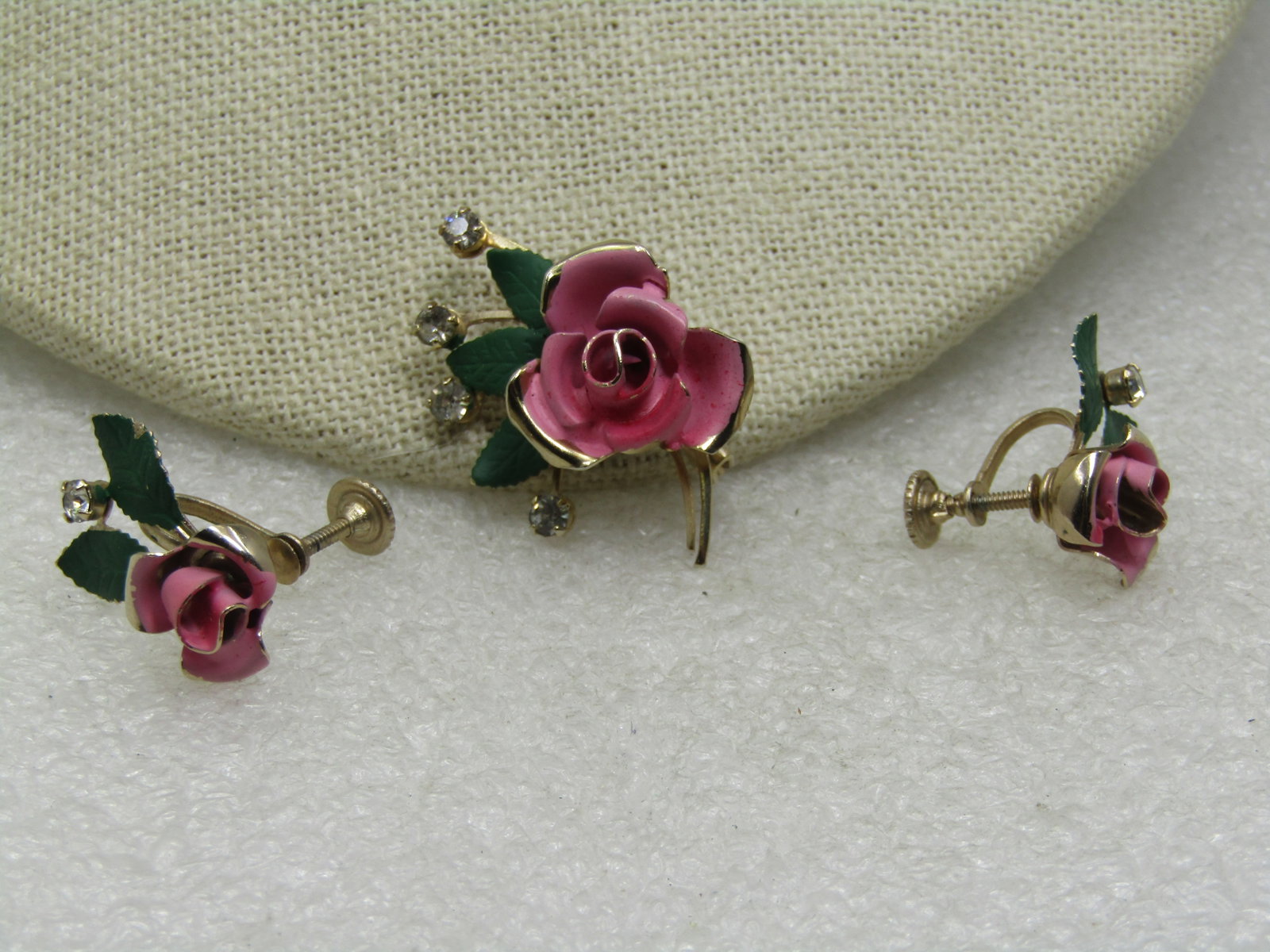 Vintage Enameled Pink Rose Brooch & Earrings Set, Screwback, 1940's-1950's - 3