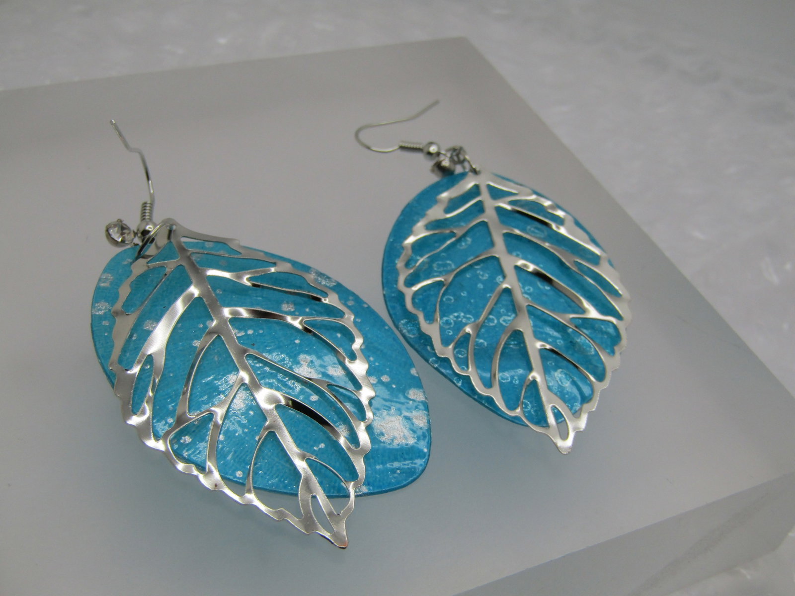 Vintage Aqua Dyed Shell Leaf Earrings, Pierced, Rhinestone Accent - 4