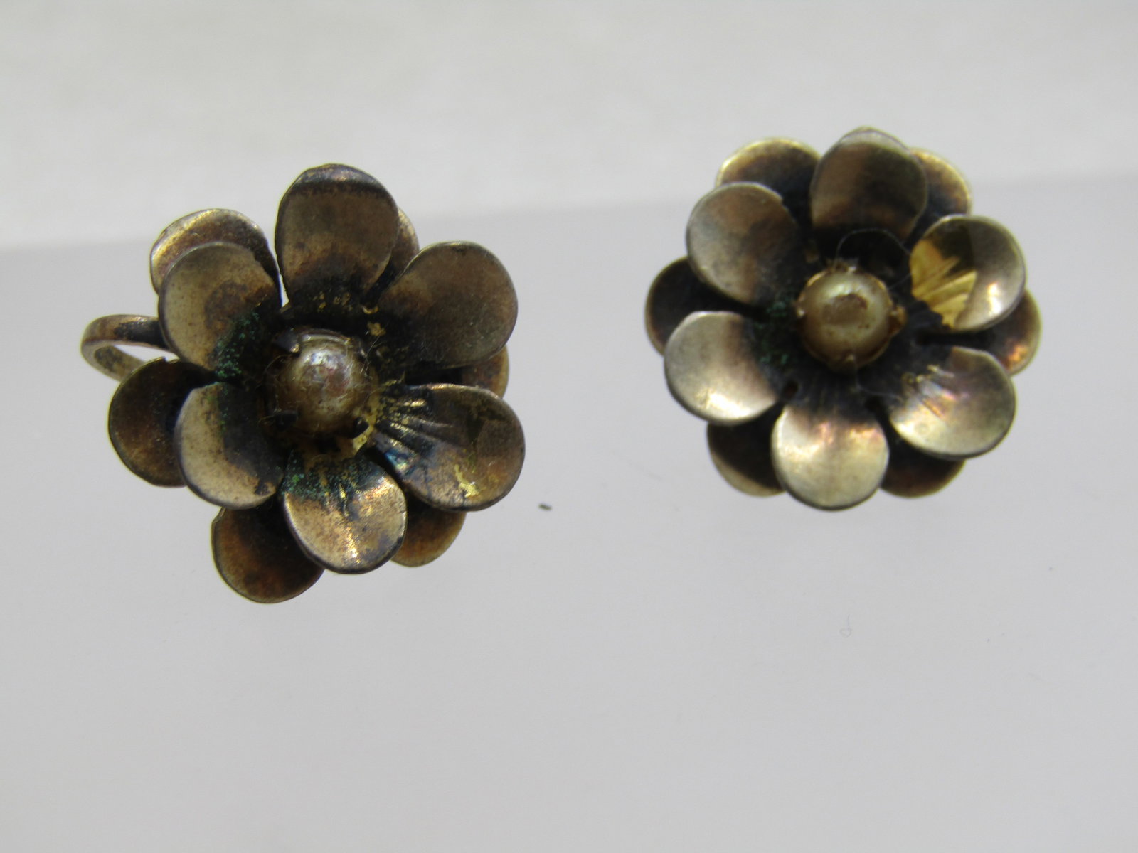 Vintage Sterling Vermeil Pearl Floral Blossom Earrings, Screwback , 1930's-1940's - 2