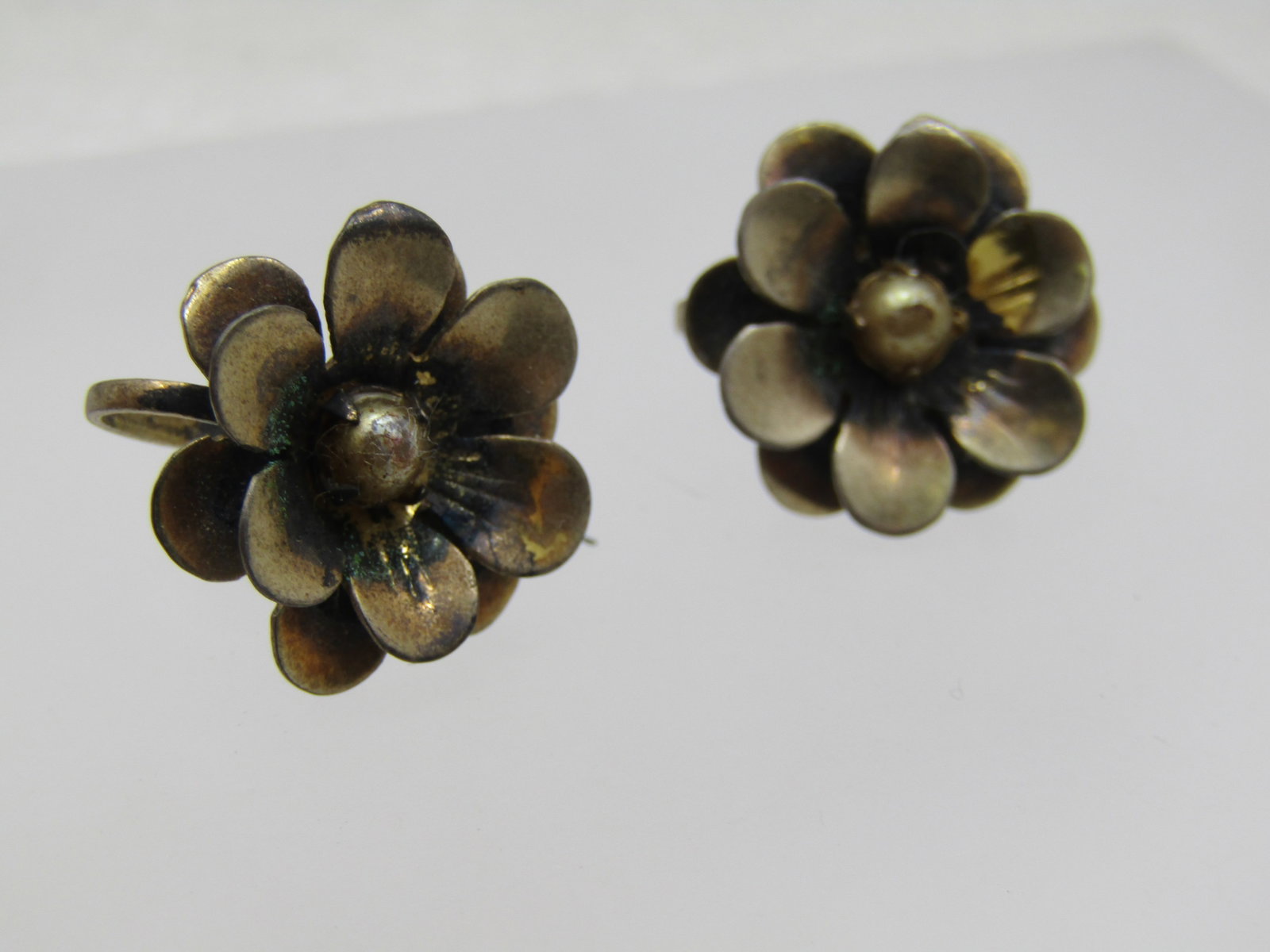 Vintage Sterling Vermeil Pearl Floral Blossom Earrings, Screwback , 1930's-1940's - 3