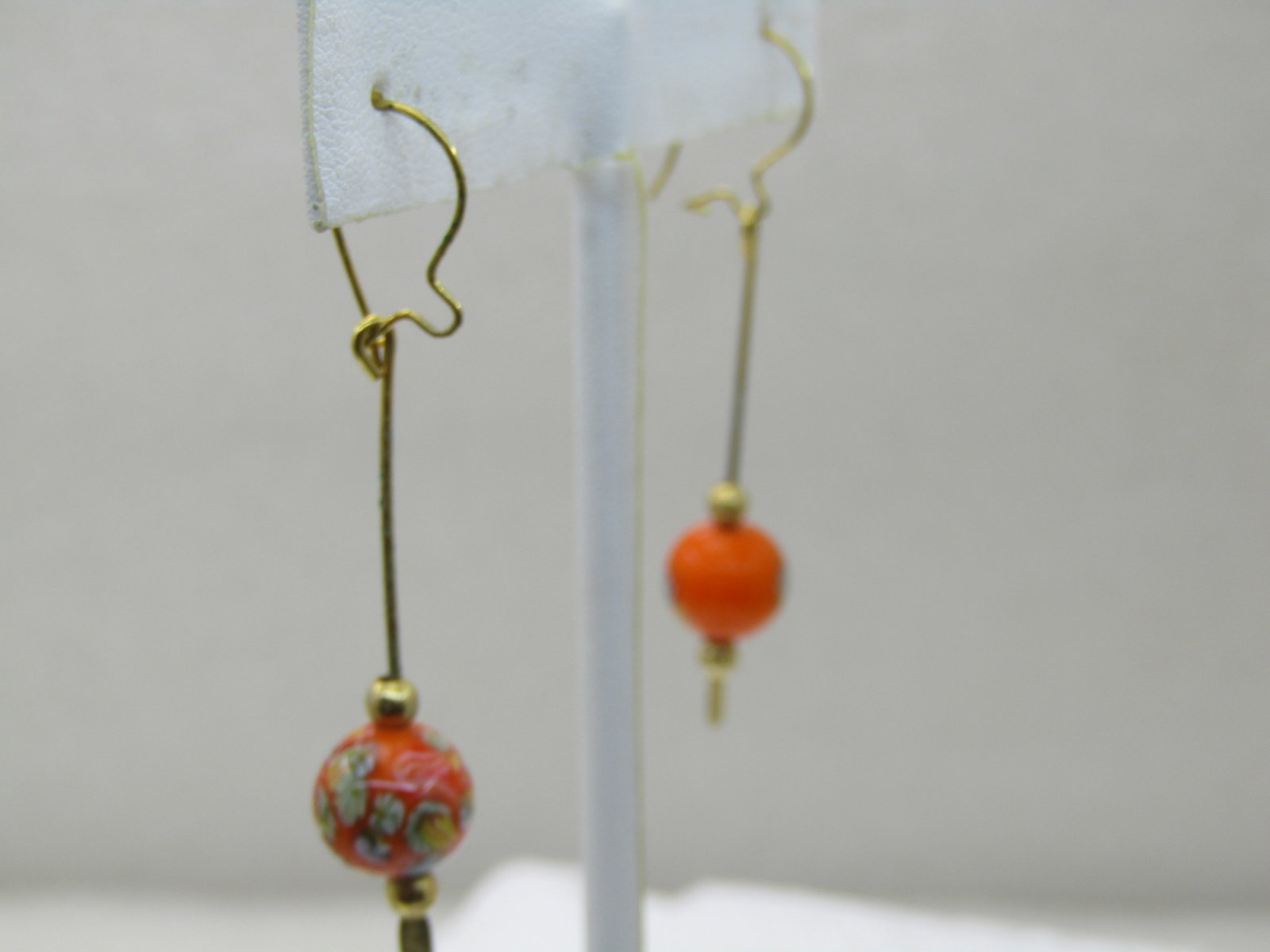 Vintage Orange Floral Glass Beaded Earrings, Drop Pierced - 5