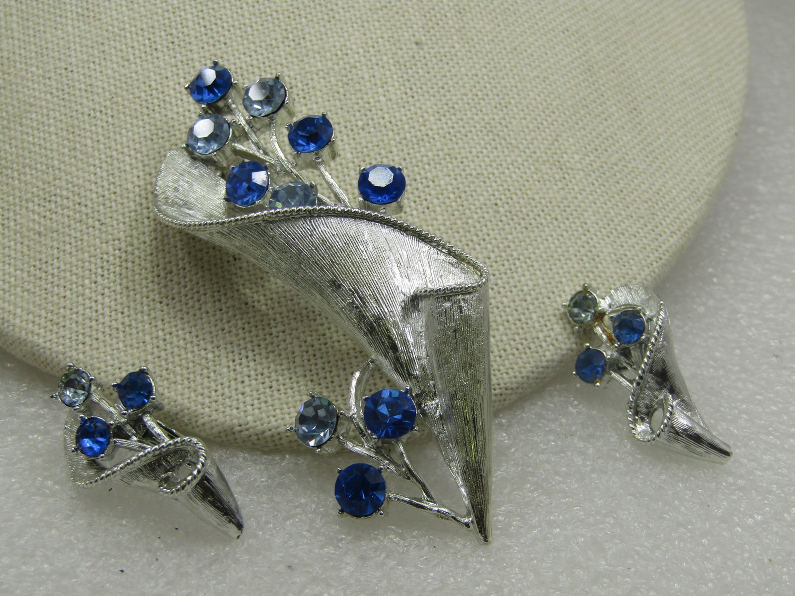 Vintage Coro Blue Rhinestone Modern Floral Brooch & Earrings , 1960's - 2