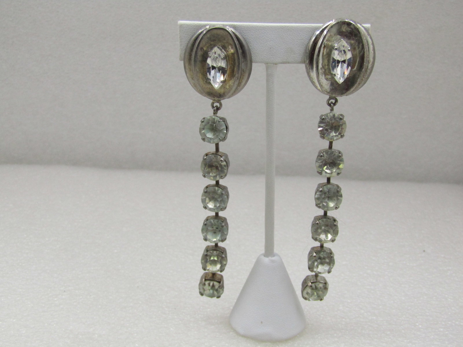 Vintage Art Deco Long Rhinestone Earrings, Clip, 1960's - 2