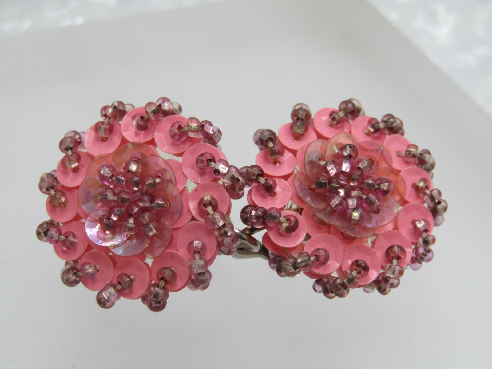 Vintage Pink & Lavender Earrings, Sequin & Beaded, 1950's-1960's. - 3