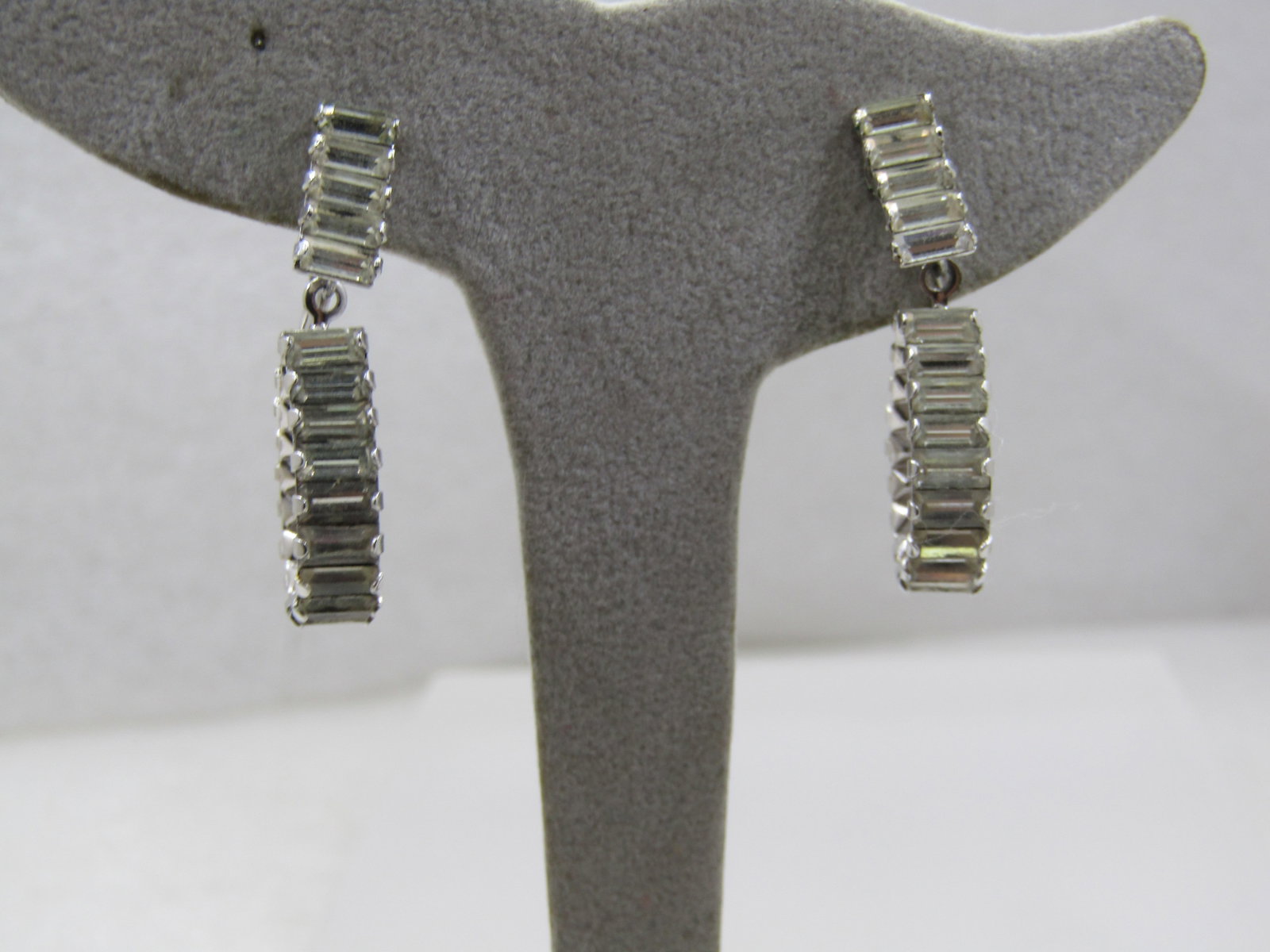 Vintage Rhinestone Baguette Clip Earrings, Stud & Drop Hoop, 1.25" long. - 2