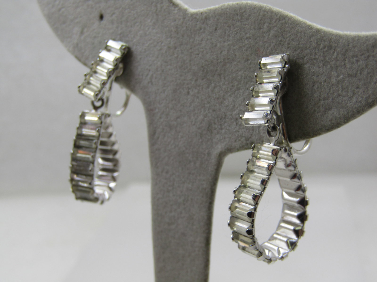 Vintage Rhinestone Baguette Clip Earrings, Stud & Drop Hoop, 1.25" long. - 4
