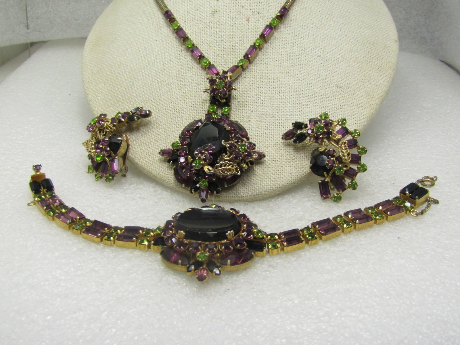 Vintage Black, Amethyst Glass Demi Parure 3 Pc. Set, 1940's, 15" - 2