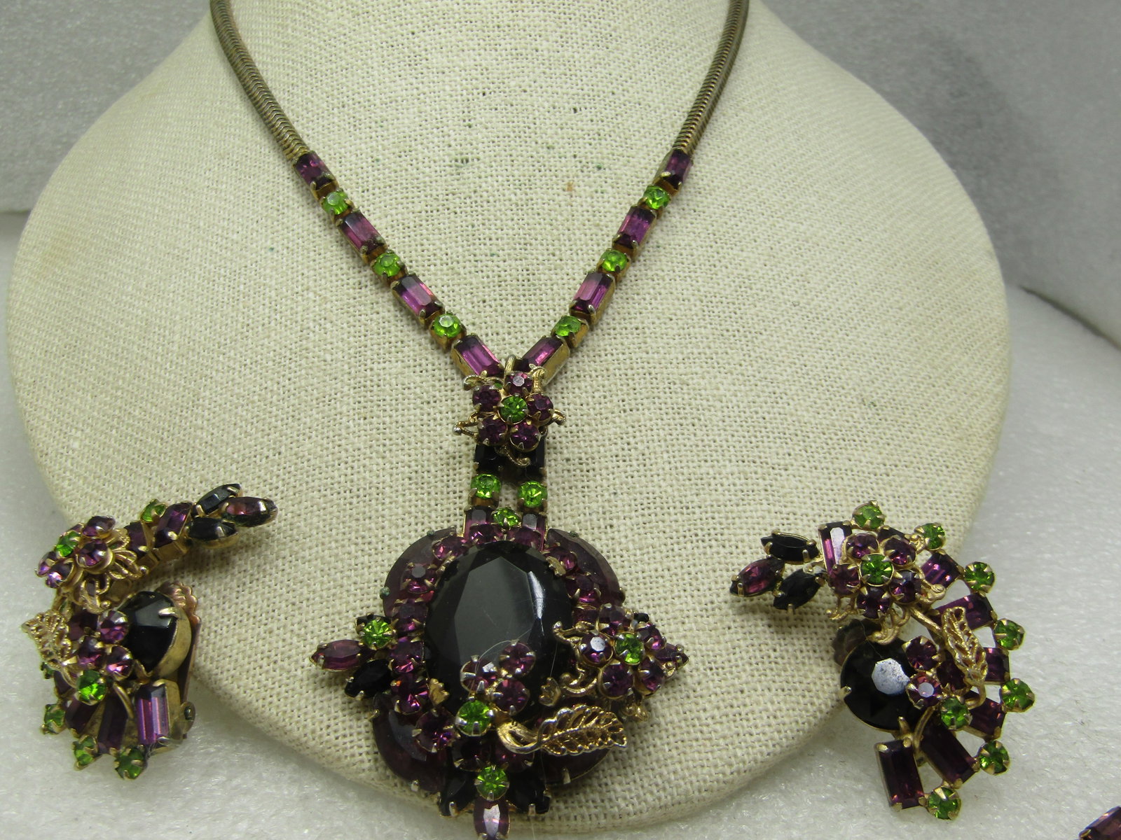 Vintage Black, Amethyst Glass Demi Parure 3 Pc. Set, 1940's, 15" - 3