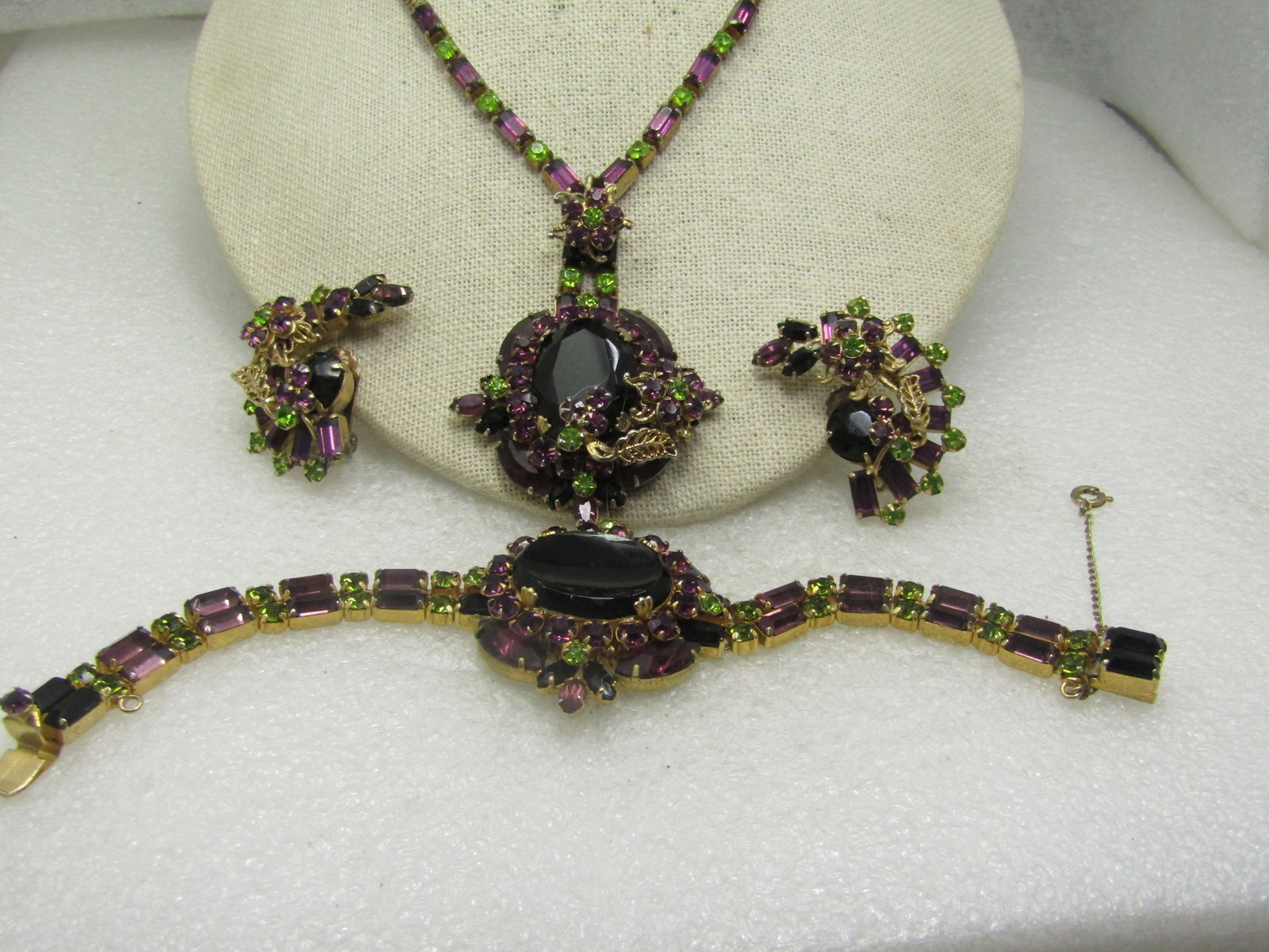 Vintage Black, Amethyst Glass Demi Parure 3 Pc. Set, 1940's, 15" - 4