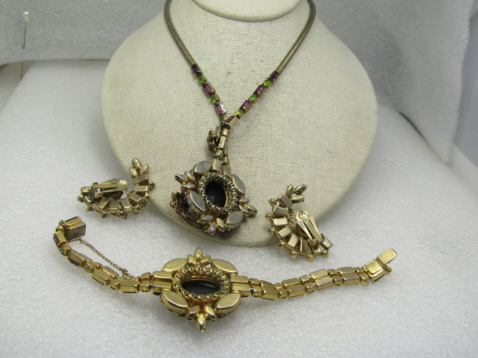 Vintage Black, Amethyst Glass Demi Parure 3 Pc. Set, 1940's, 15" - 5