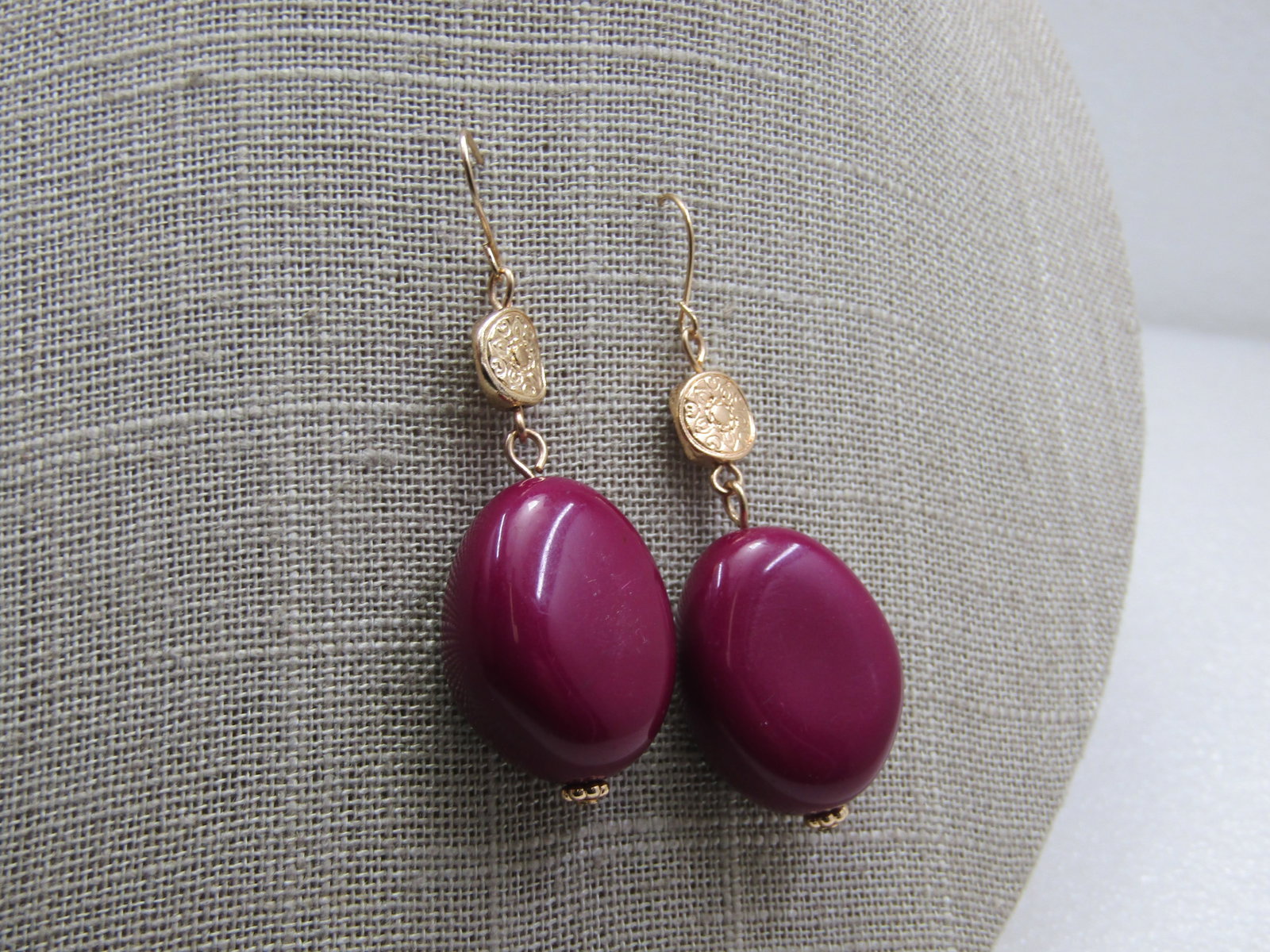 Vintage Erica Lyons Faux Coin Purple Drop Earrings, Pierced, 2.25" - 2