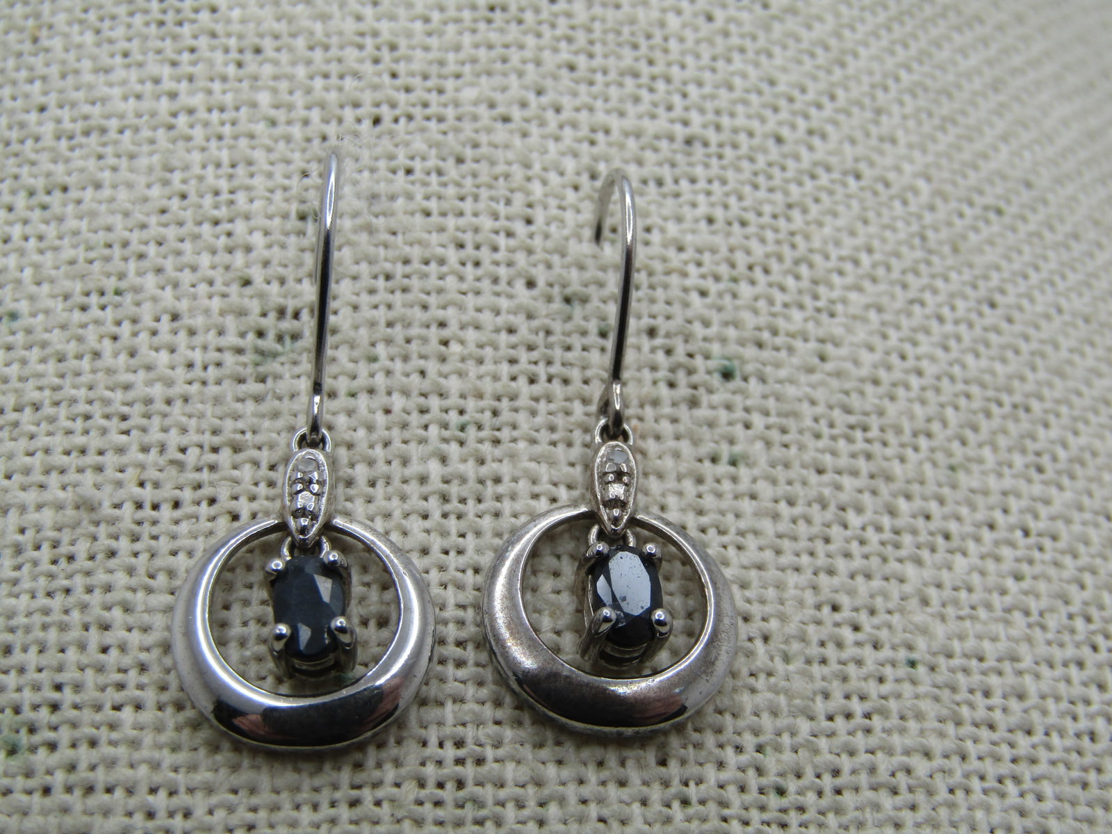 Vintage Sterling Dangle Sapphire Hoop Diamond Earrings, Diamond, Pierced, Signed (1 of 6)