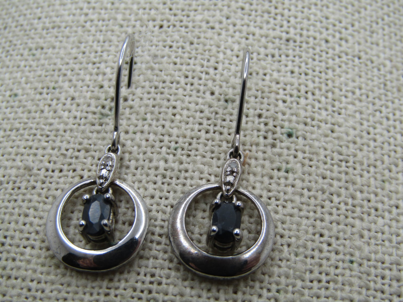Vintage Sterling Dangle Sapphire Hoop Diamond Earrings, Diamond, Pierced, Signed - 2