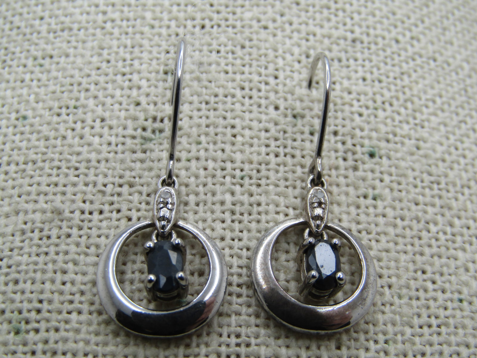 Vintage Sterling Dangle Sapphire Hoop Diamond Earrings, Diamond, Pierced, Signed - 3