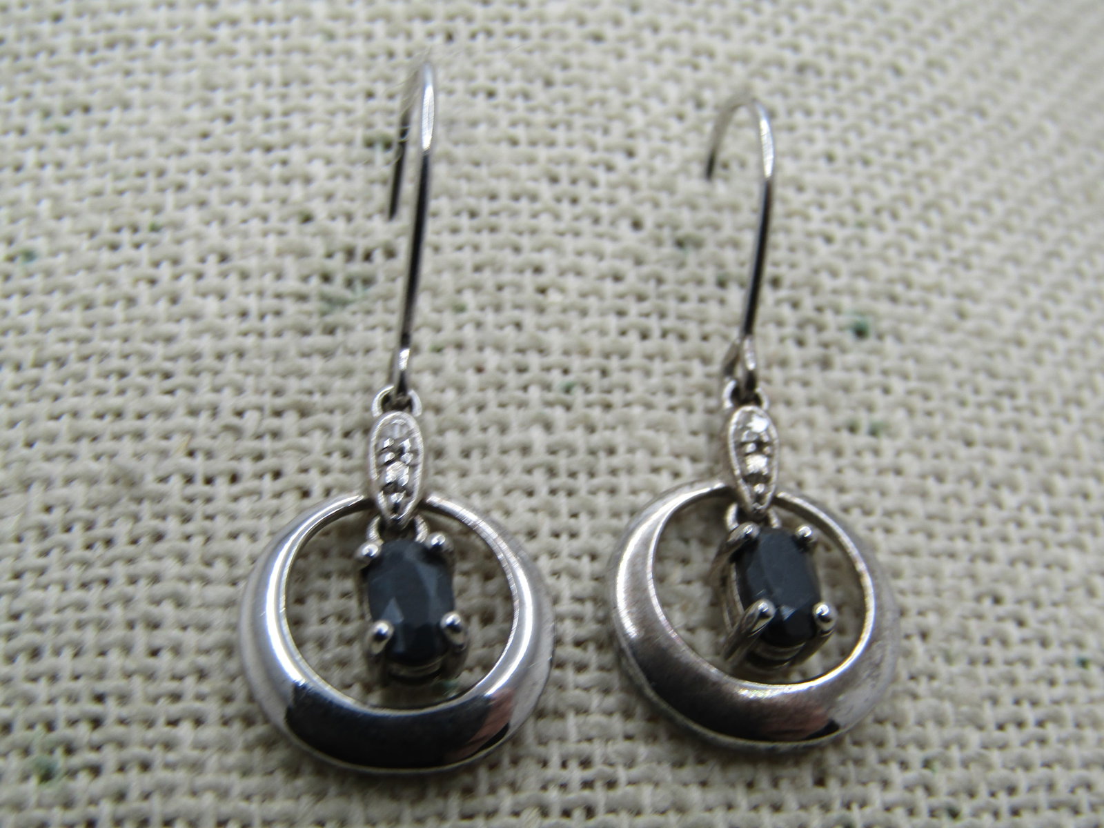 Vintage Sterling Dangle Sapphire Hoop Diamond Earrings, Diamond, Pierced, Signed - 4