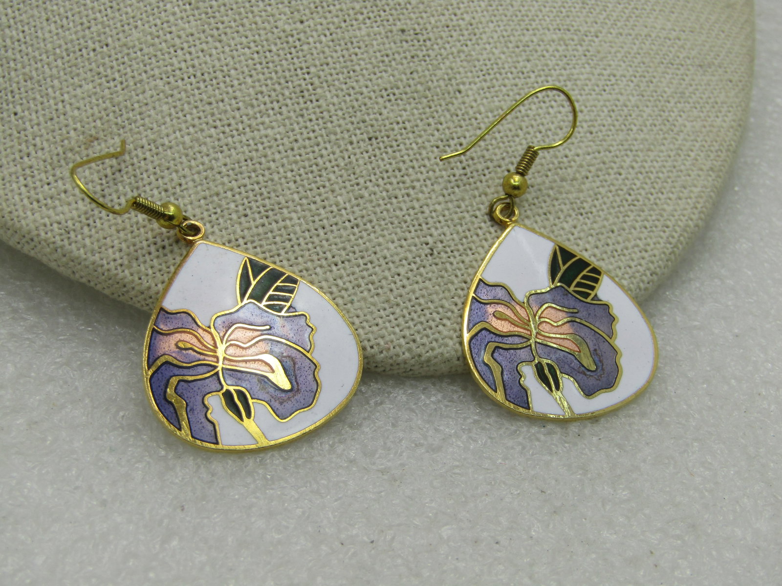 Vintage Cloisonne Orchid Pierced Earrings, Teardrop, 2" - 2