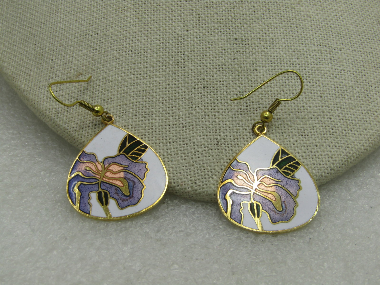 Vintage Cloisonne Orchid Pierced Earrings, Teardrop, 2" - 3