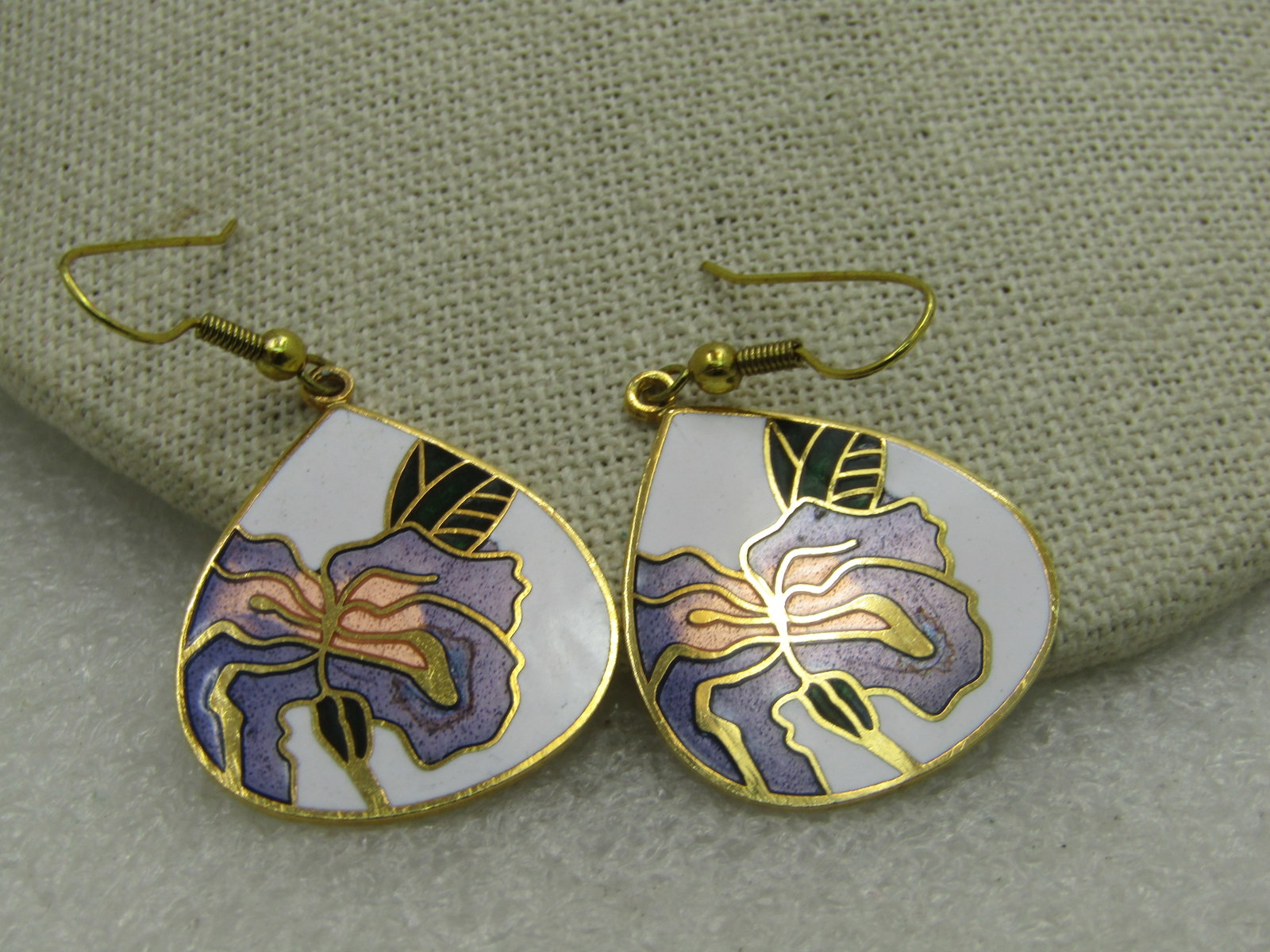 Vintage Cloisonne Orchid Pierced Earrings, Teardrop, 2" - 4