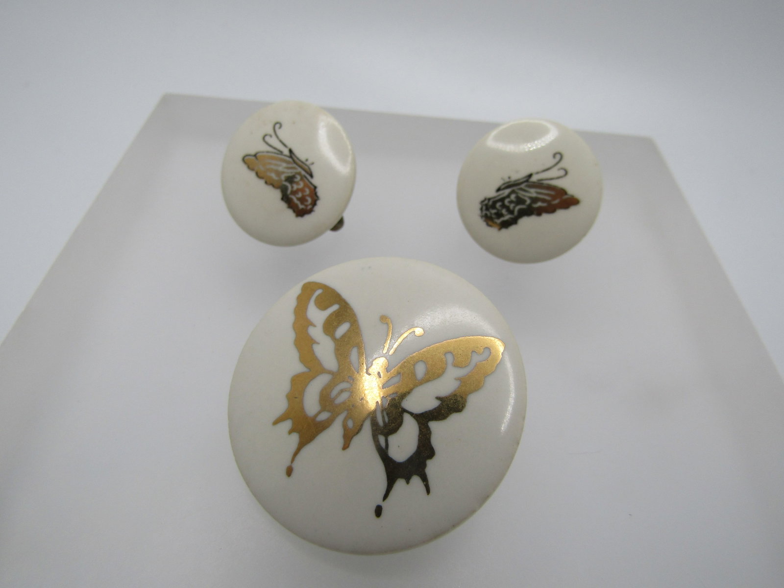Vintage Ceramic Gold Butterfly Brooch & Earrings, Screwback, 1960's-1970's - 3