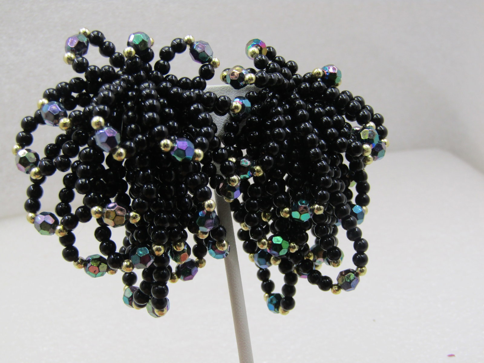 Vintage Black Beaded & Gold Beaded Multi-Looped Earrings, Clip, 1980's, - 2