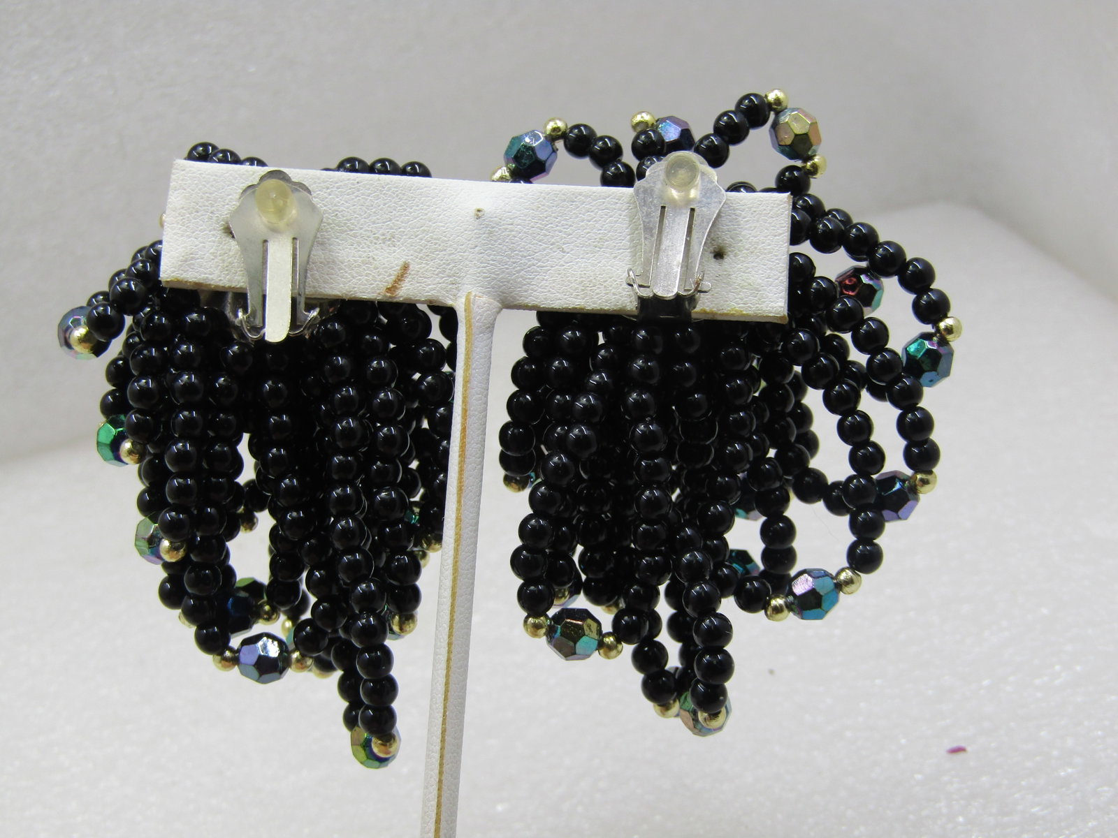 Vintage Black Beaded & Gold Beaded Multi-Looped Earrings, Clip, 1980's, - 4