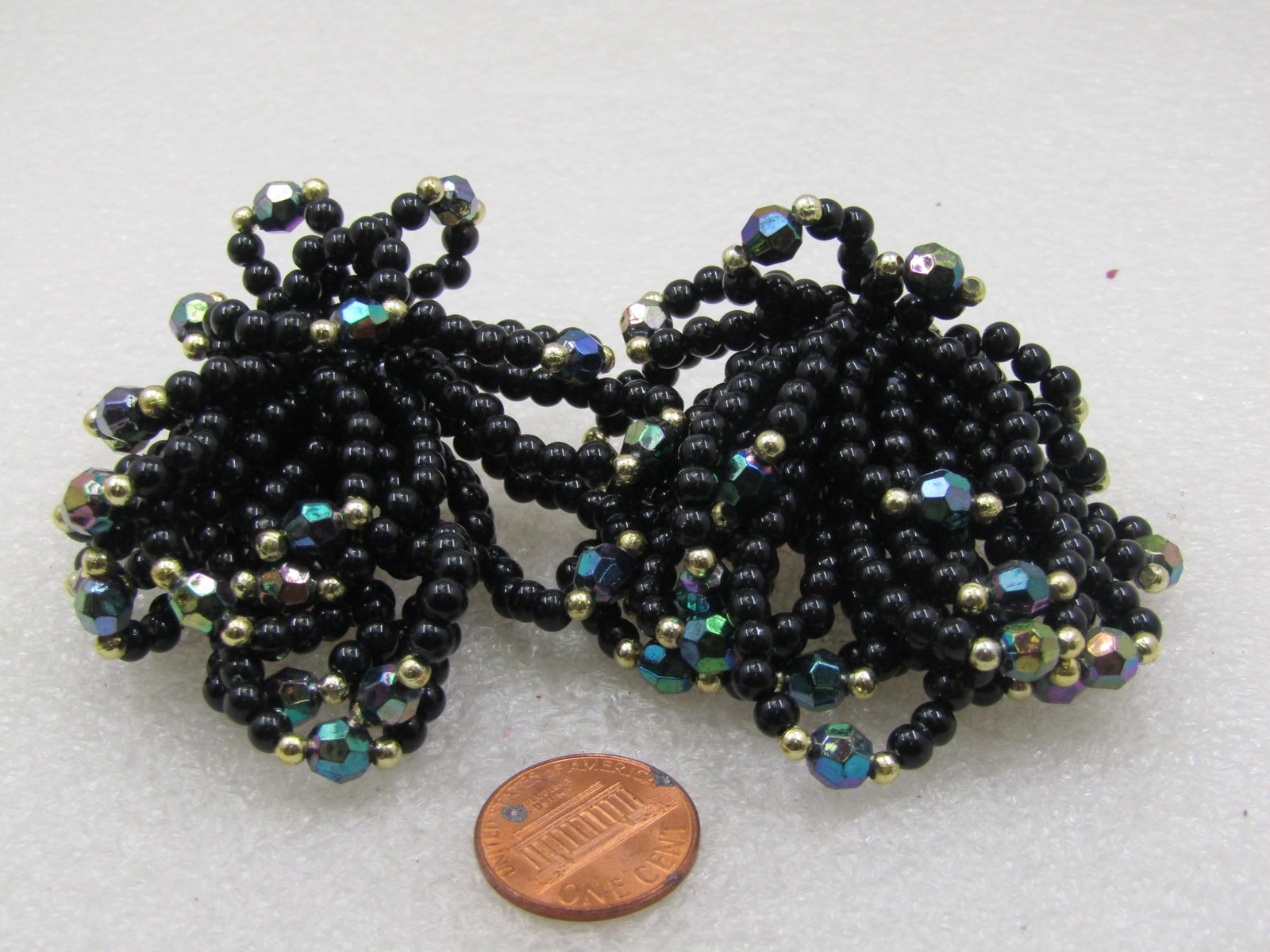 Vintage Black Beaded & Gold Beaded Multi-Looped Earrings, Clip, 1980's, - 5