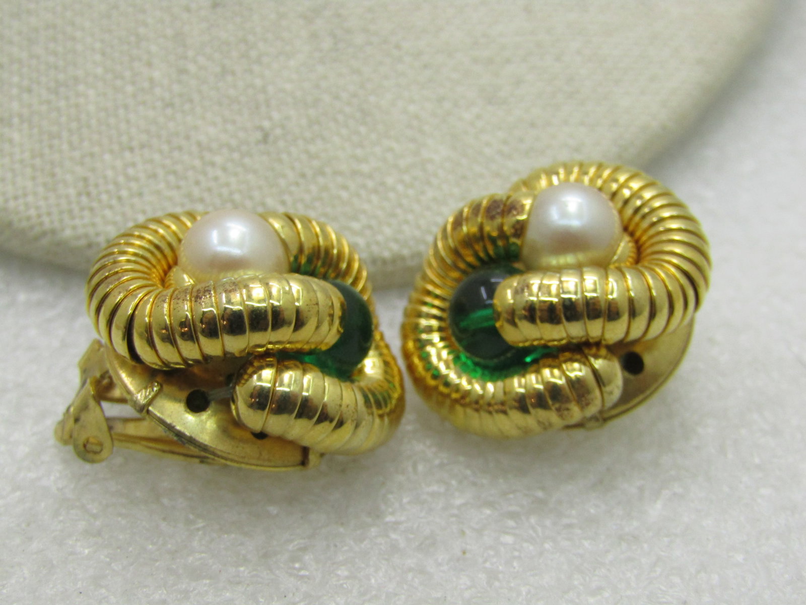 Vintage Faux Pearl Snakelike Clip Earrings, Green and Faux Pearl, 1" - 2