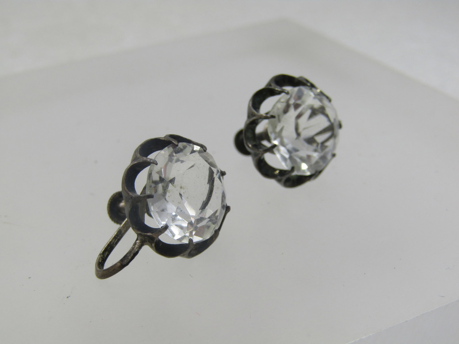 Vintage Silver Clear Quartz Earrings, Screw Back, 1930's-1940's - 2