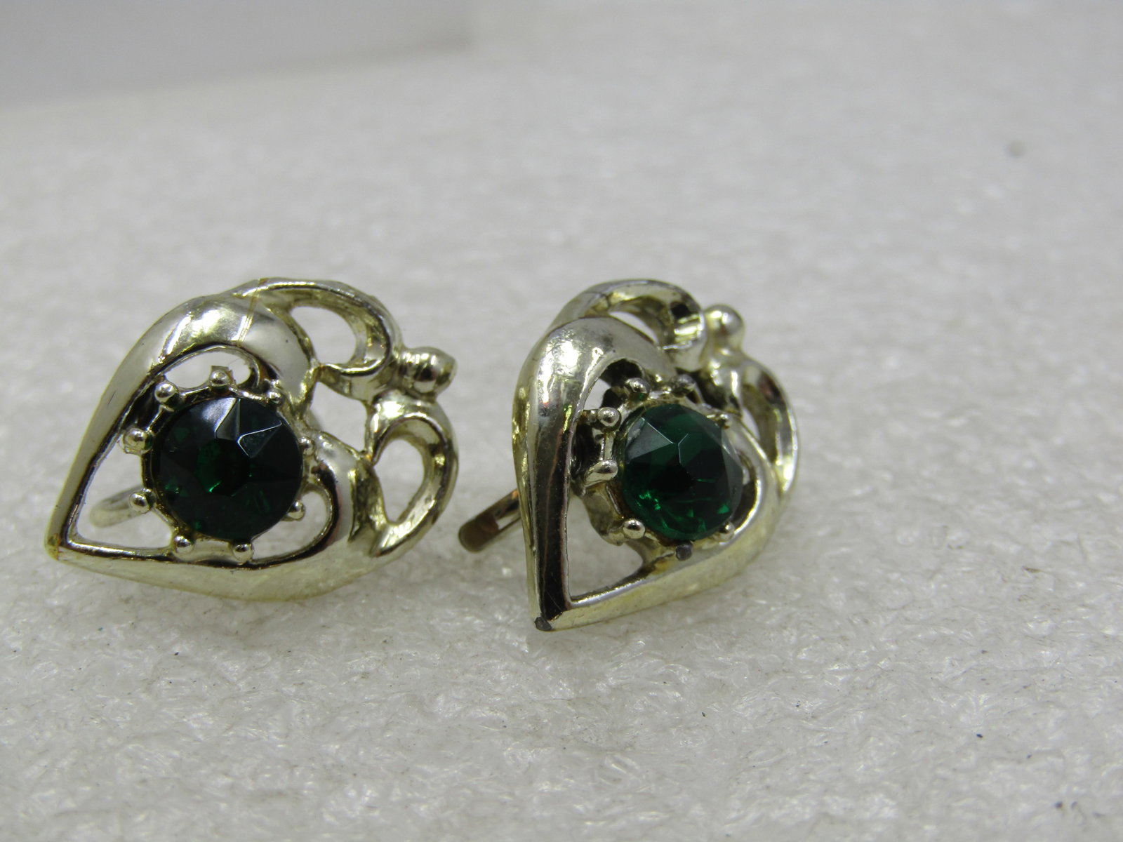 Vintage Green Rhinestone Leaf Earrings, Screwback, 1940's-1960's - 5