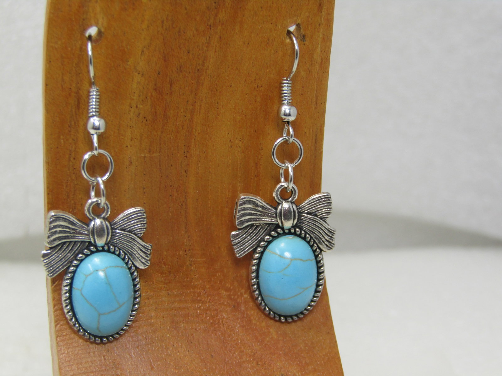Faux Turquoise Bow Earrings, Pierced, 2" - 3