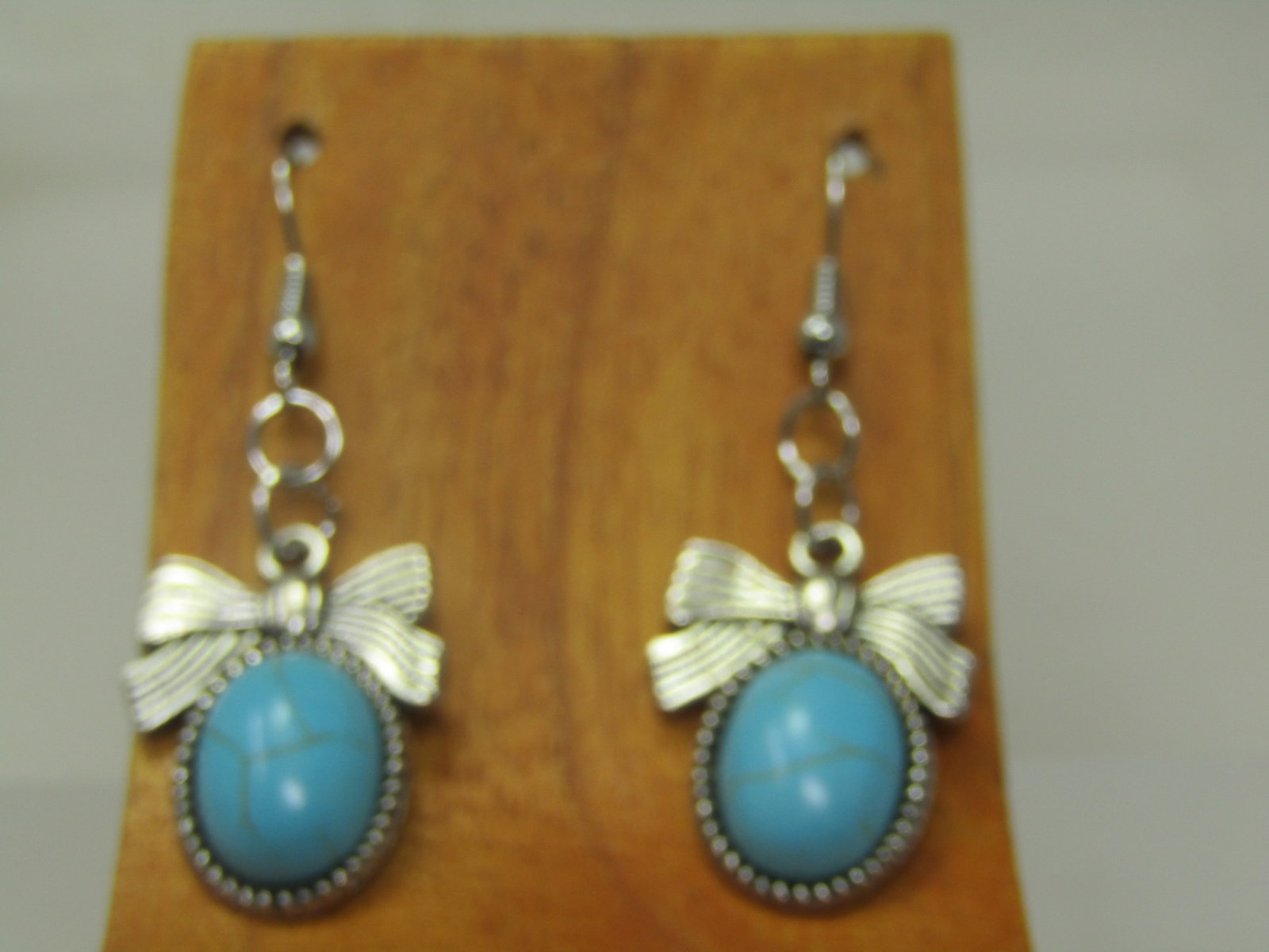 Faux Turquoise Bow Earrings, Pierced, 2" - 4