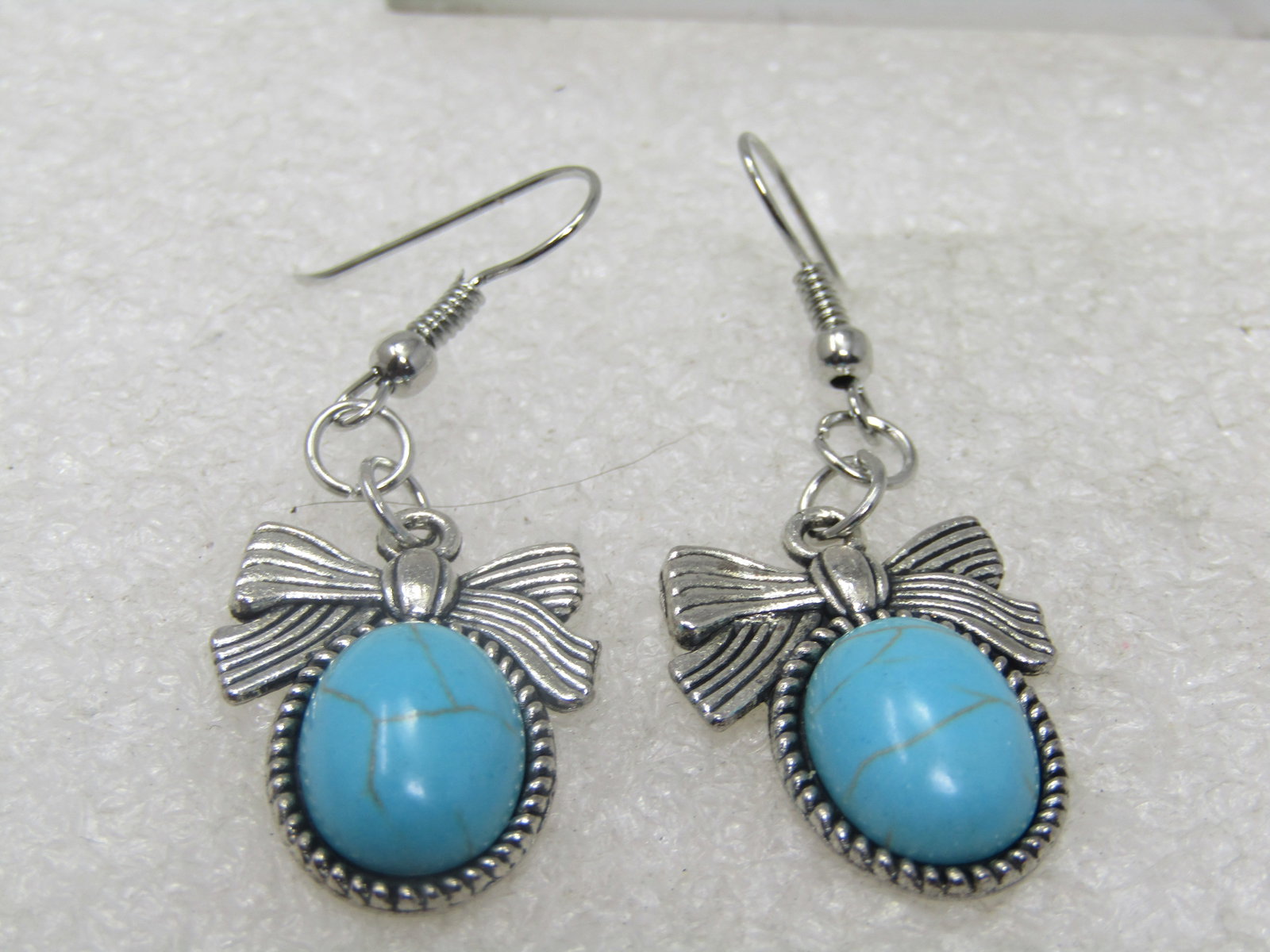 Faux Turquoise Bow Earrings, Pierced, 2" - 5