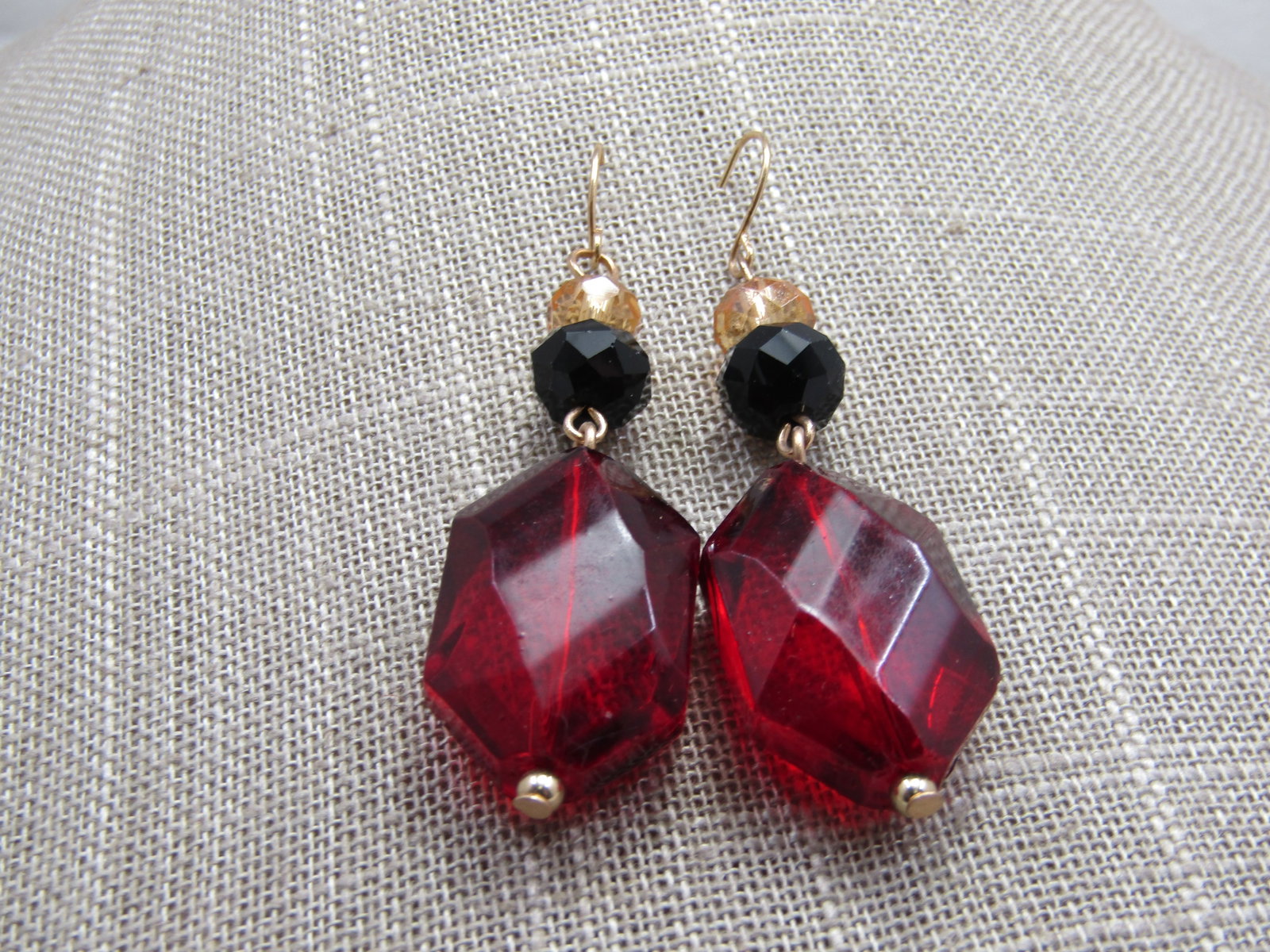 Vintage Erica Lyons Red & Black Drop Earrings, Pierced. 2-3/8": Vintage Erica Lyons Red & Black Drop Earrings, Pierced. 2.5", vintage new with card. Chunky red faceted acrylid rhinestones with a black glass bead & gold bead on top. Total length is appx. 2.5" from